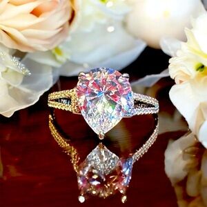 White Strontium Titanate Rhodium Over Sterling Silver Solitaire Pear Shape Ring